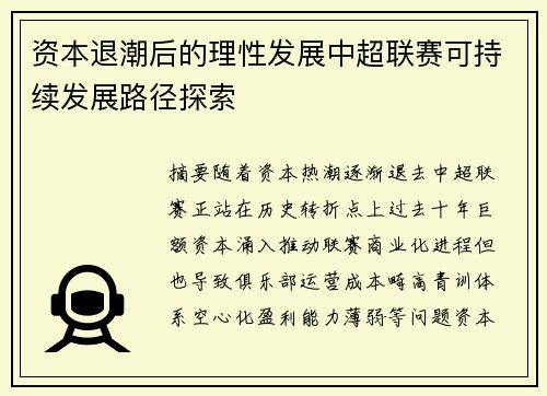 资本退潮后的理性发展中超联赛可持续发展路径探索