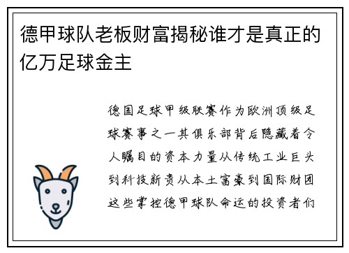 德甲球队老板财富揭秘谁才是真正的亿万足球金主